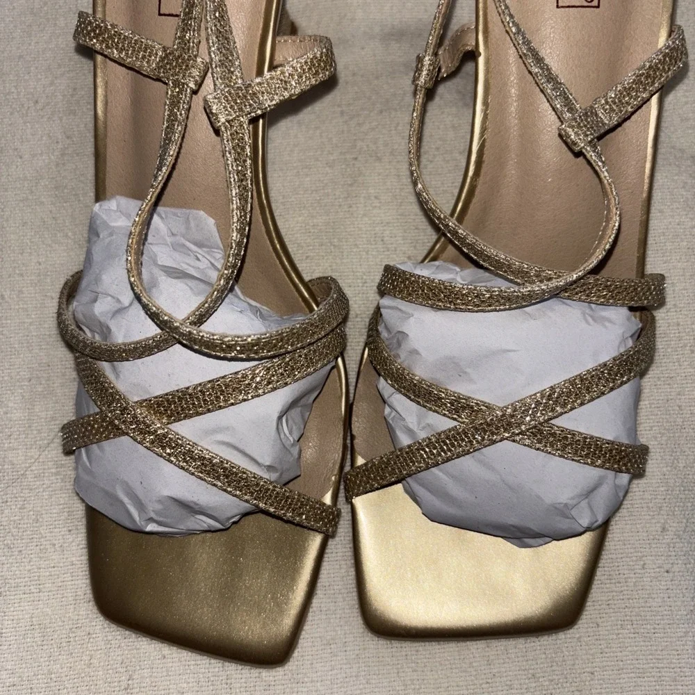 Gold Glitter Block Heel Strappy Sandals Open‎ Toe Ankle Strap  8.5 Formal